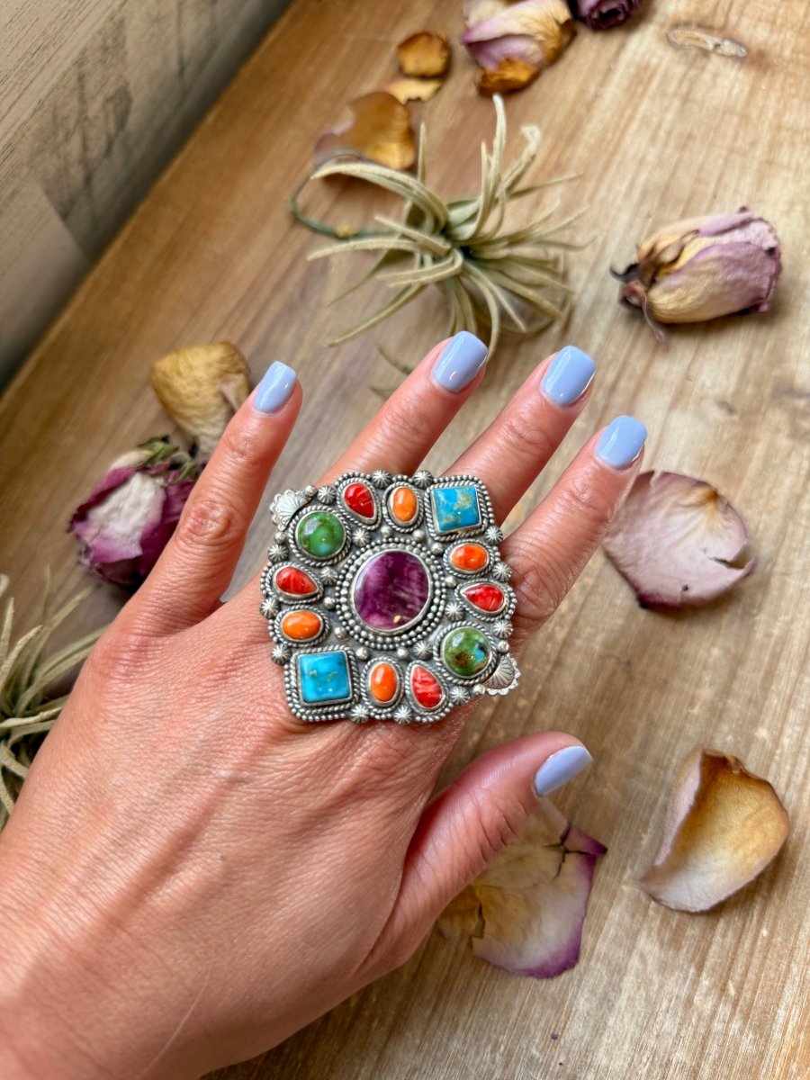 Mosaic Cluster Ring – Sonoran Mountain, Blue Ridge Turquoise & Spiny Oyster – Size 9 – Artist Shay PfeifferThe Bijoux FAB Jewelryring
