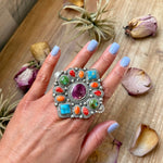 Mosaic Cluster Ring – Sonoran Mountain, Blue Ridge Turquoise & Spiny Oyster – Size 9 – Artist Shay PfeifferThe Bijoux FAB Jewelryring