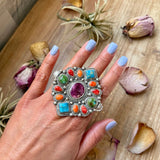 Mosaic Cluster Ring – Sonoran Mountain, Blue Ridge Turquoise & Spiny Oyster – Size 9 – Artist Shay PfeifferThe Bijoux FAB Jewelryring