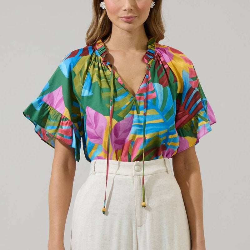 Novi Tropical Erie Split Neck Top: MulticolorSugarlipsblouse