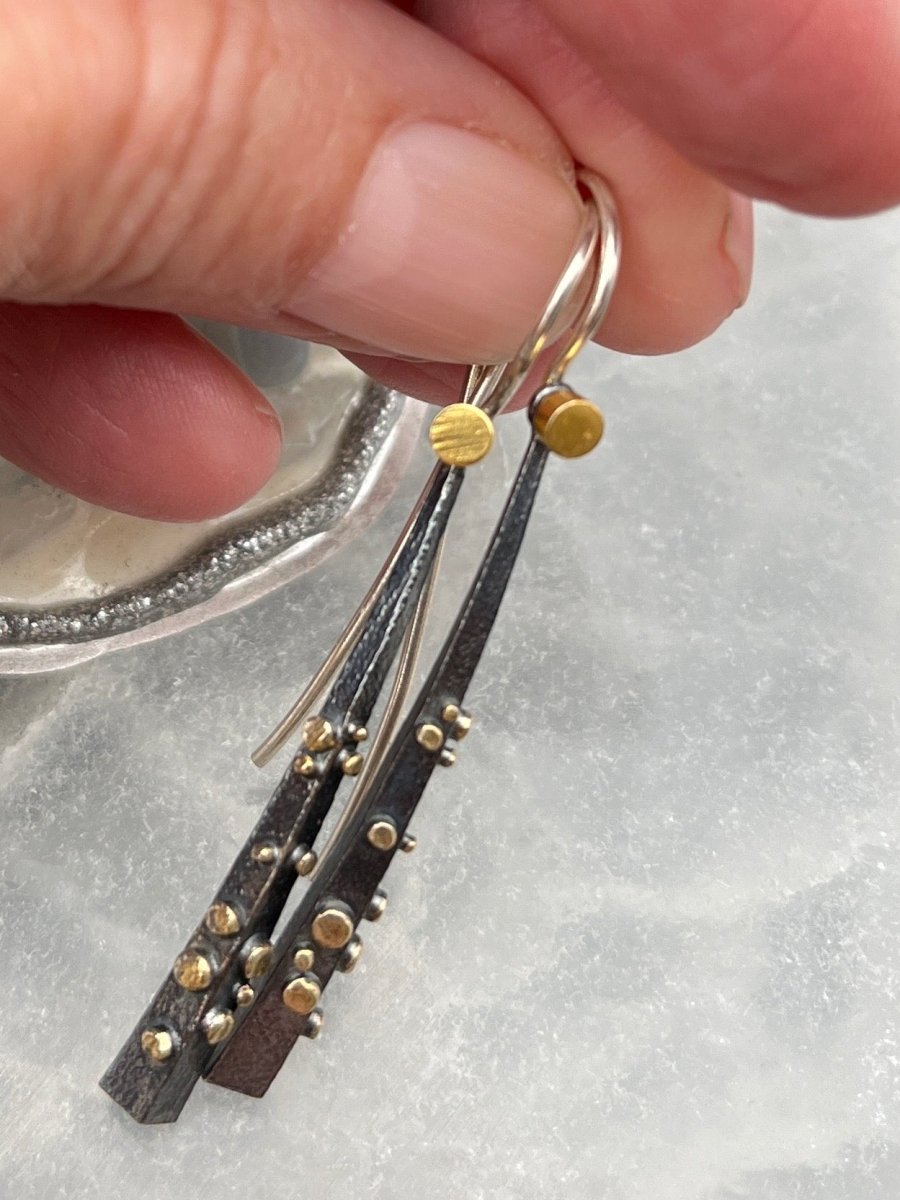 Oxidized Silver Earrings with Gold Dots - 2” longBORAEARRINGS