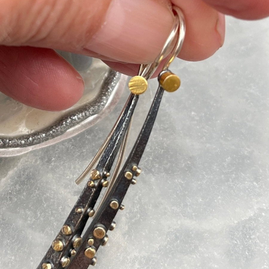 Oxidized Silver Earrings with Gold Dots - 2” longBORAEARRINGS