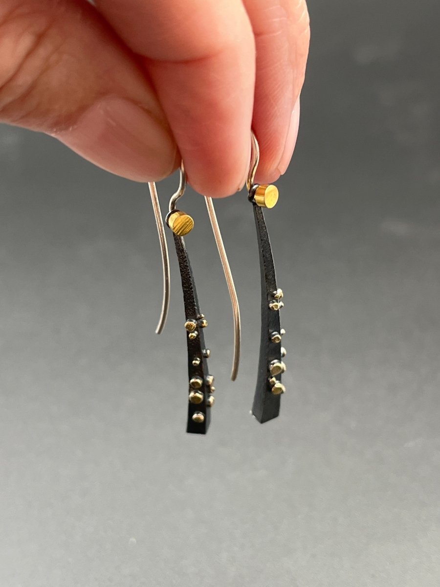 Oxidized Silver Earrings with Gold Dots - 2” longBORAEARRINGS