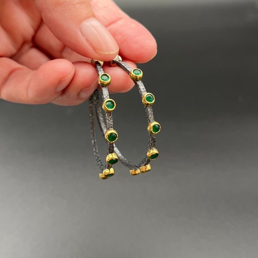 Oxidized Silver & Emerald Hoop Earrings - 1.75” diameterBORAEARRINGS