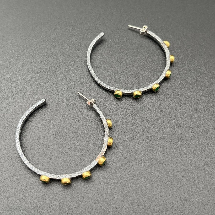 Oxidized Silver & Emerald Hoop Earrings - 1.75” diameterBORAEARRINGS