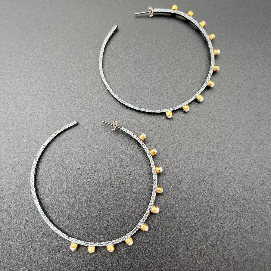 Oxidized Silver & Pearl Hoop Earrings - 2.5” diameterBORAEARRINGS