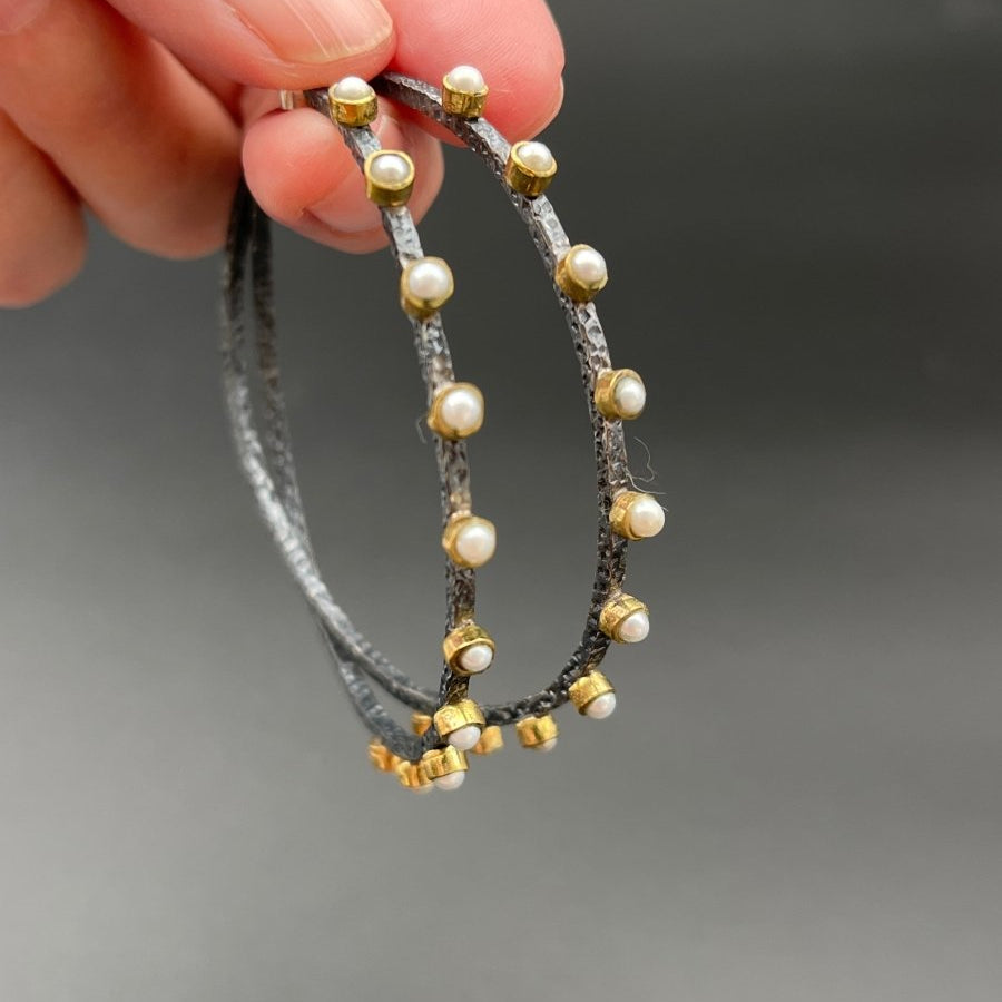 Oxidized Silver & Pearl Hoop Earrings - 2.5” diameterBORAEARRINGS