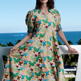 Montauk Dress Linen Cotton Neutral Butterfly Print