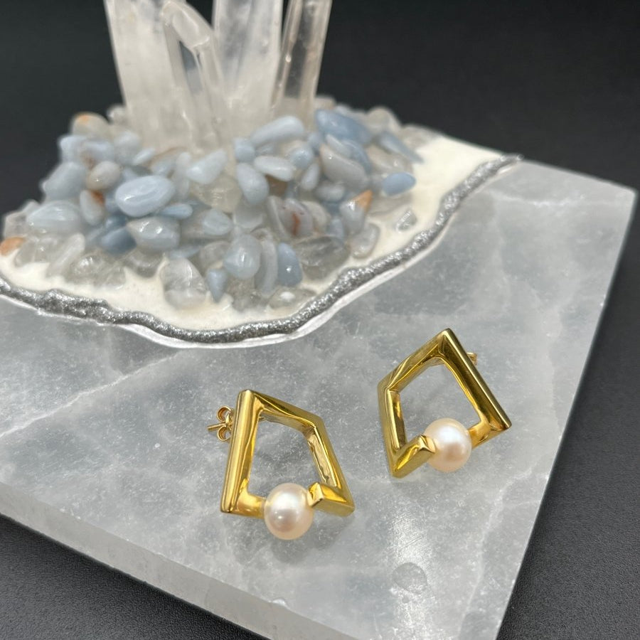 Pearl in 24k over Silver Earrings - 1/2” squareBORAEARRINGS