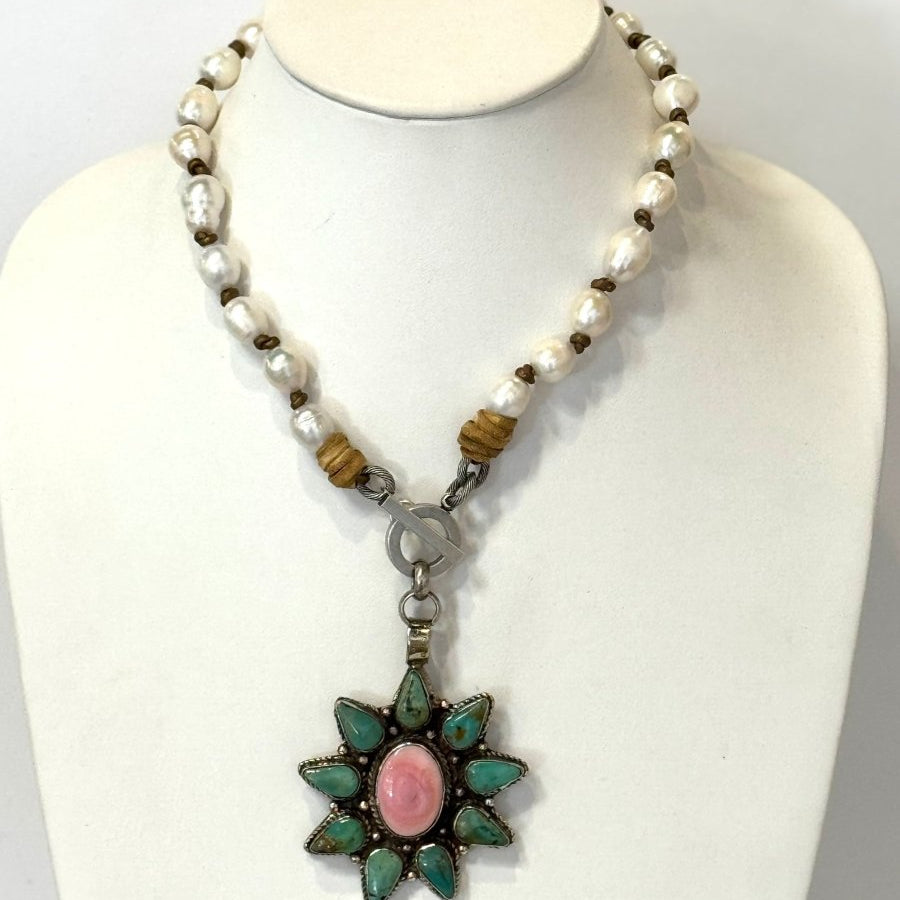 Pearl Necklace Turquoise/Pink PendantMelody Vintage JewelryNECKLACES