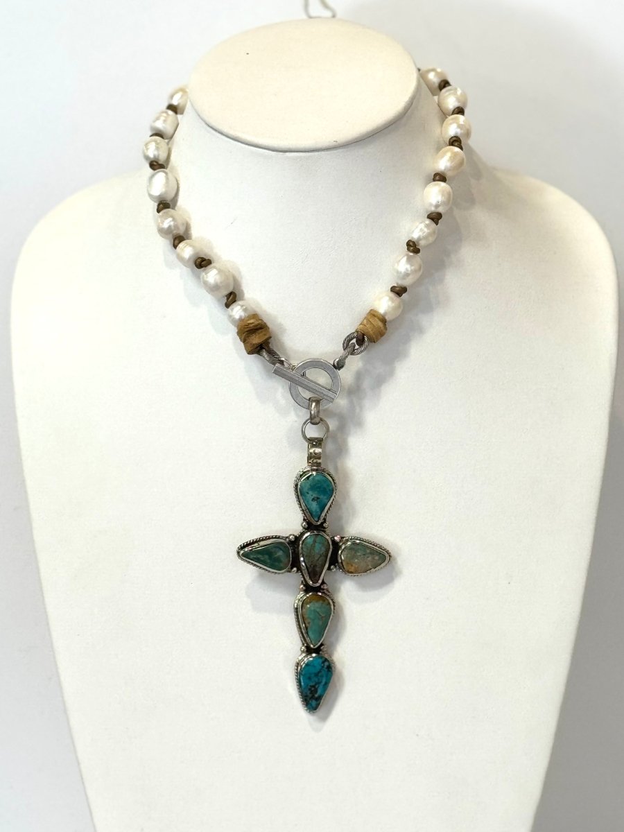 Pearl Toggle Turquoise Cross PendantMelody Vintage JewelryNECKLACES