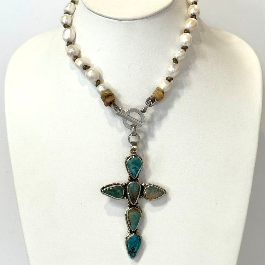 Pearl Toggle Turquoise Cross PendantMelody Vintage JewelryNECKLACES