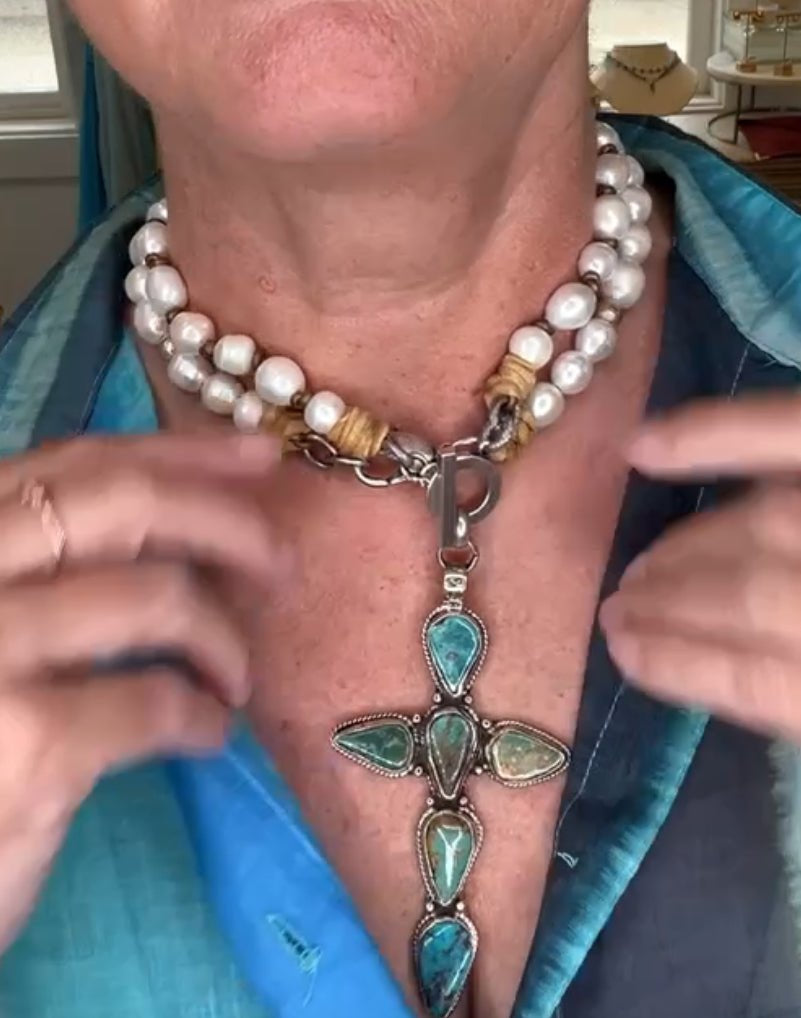 Pearl Toggle Turquoise Cross PendantMelody Vintage JewelryNECKLACES