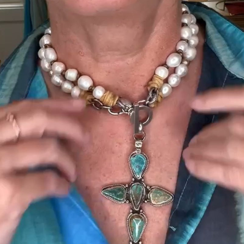 Pearl Toggle Turquoise Cross PendantMelody Vintage JewelryNECKLACES