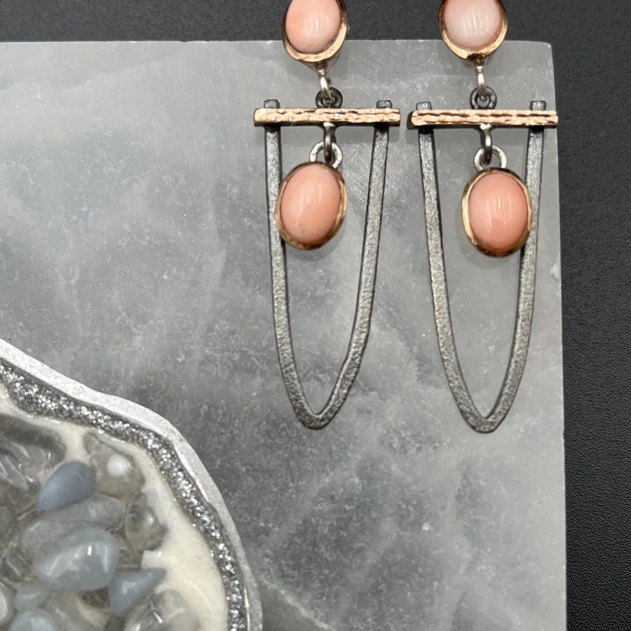 Pink Coral and Oxidized Silver Moving Earrings - 2” longBORAEARRINGS
