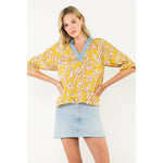 Pleated Contrast Trim Floral TopTHMLTOPS