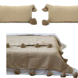 Pom Pom Blanket with two Pillows Bundle - Beige