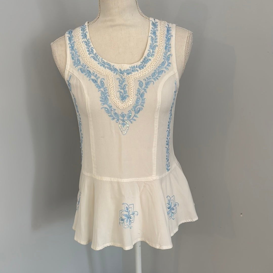 Redeux: White Tank Top with Blue and White EmbroideryRedeuxtank top