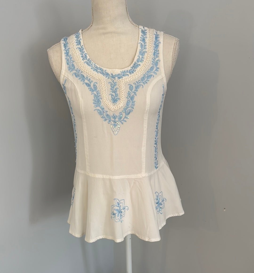 Redeux: White Tank Top with Blue and White EmbroideryRedeuxtank top