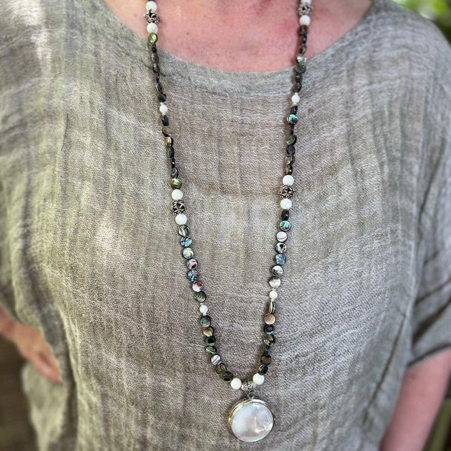 Reversible Abalone & Mother of Pearl Pendant Necklace – 36” LengthZiabird Private LabelNECKLACES