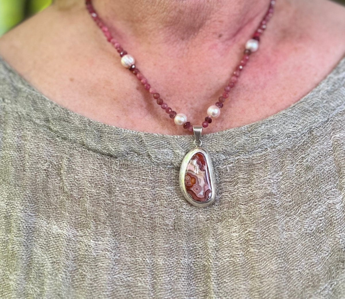 Rhodochrosite & Pearl Pendant Necklace – Hand - Strung, 17”–19” AdjustableZiabird Private LabelNECKLACES