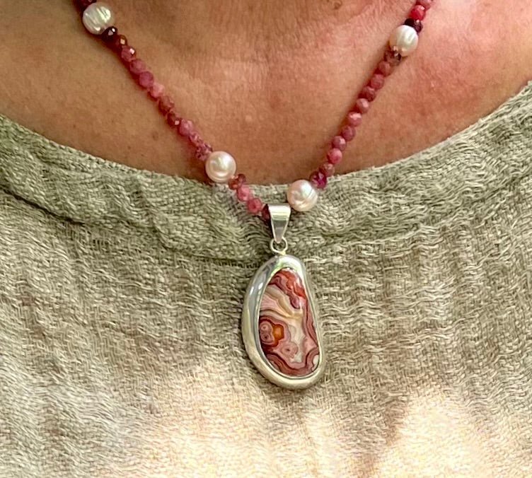 Rhodochrosite & Pearl Pendant Necklace – Hand - Strung, 17”–19” AdjustableZiabird Private LabelNECKLACES