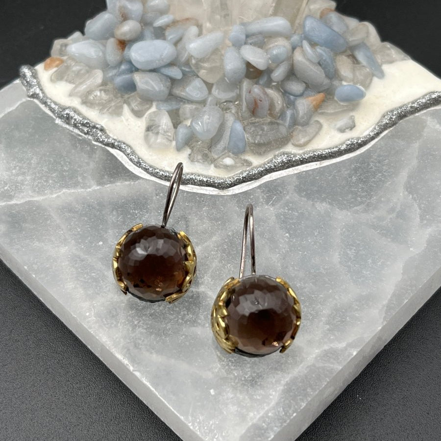 Round, Faceted Smoky Quartz Earrings - 1” longBORAEARRINGS