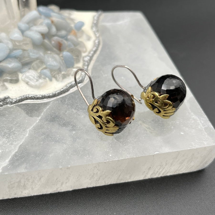 Round, Faceted Smoky Quartz Earrings - 1” longBORAEARRINGS