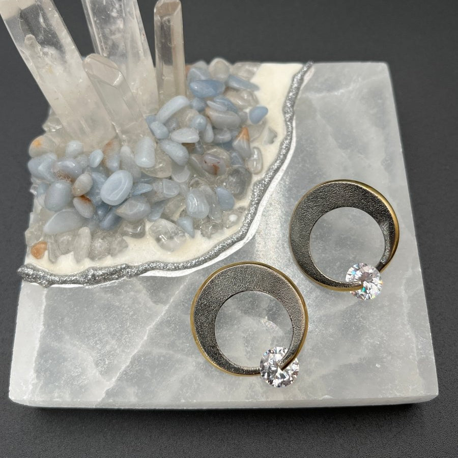 Round Silver and Gold and CZ Earrings - 1” roundBORAEARRINGS