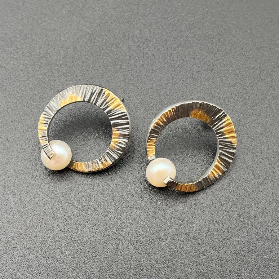 Round Silver and Gold and Pearl Earrings - 1” roundBORAEARRINGS