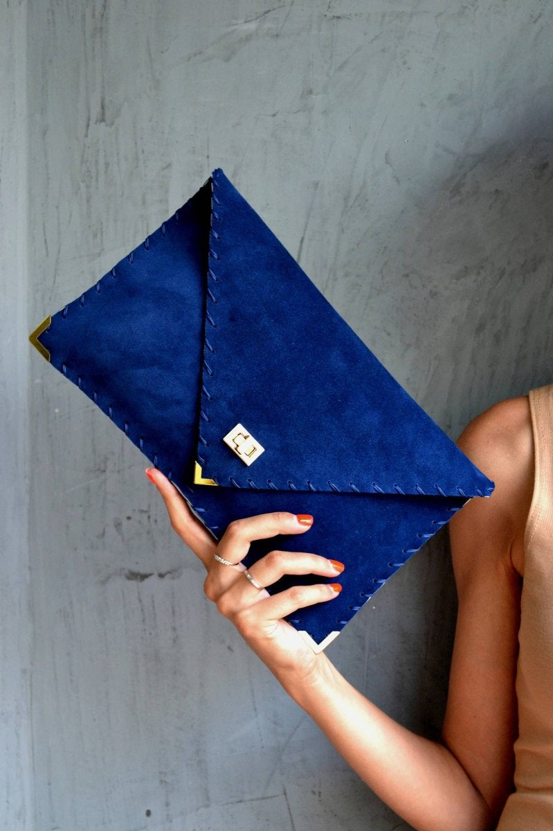 Royal Blue Suede Leather Clutch Purse, Blue Leather Bag, Leather Envelope Clutch, Blue Clutch Bag, Blue Leather Handbag, Leather Evening Bag: GoldANA KOUTSI