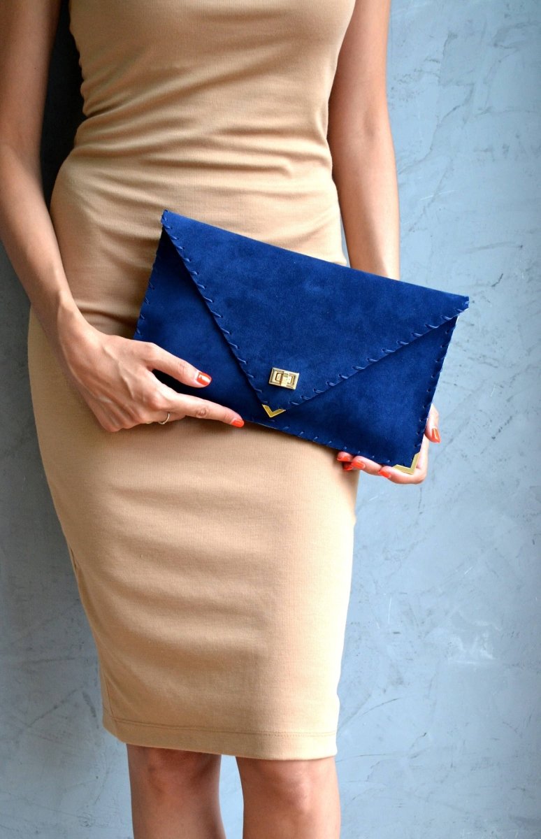 Royal Blue Suede Leather Clutch Purse, Blue Leather Bag, Leather Envelope Clutch, Blue Clutch Bag, Blue Leather Handbag, Leather Evening Bag: GoldANA KOUTSI