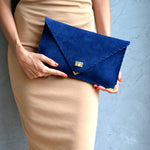 Royal Blue Suede Leather Clutch Purse, Blue Leather Bag, Leather Envelope Clutch, Blue Clutch Bag, Blue Leather Handbag, Leather Evening Bag: GoldANA KOUTSI
