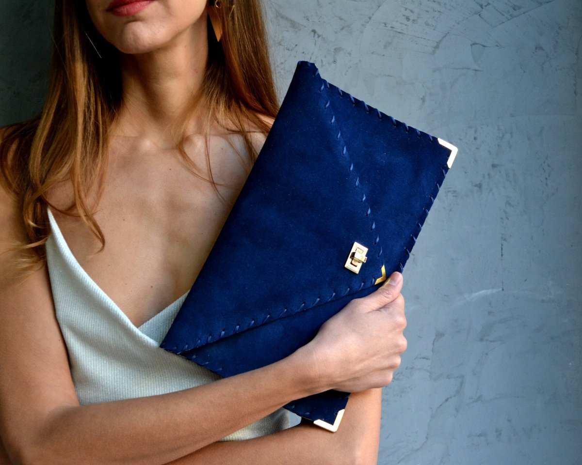 Royal Blue Suede Leather Clutch Purse, Blue Leather Bag, Leather Envelope Clutch, Blue Clutch Bag, Blue Leather Handbag, Leather Evening Bag: GoldANA KOUTSI