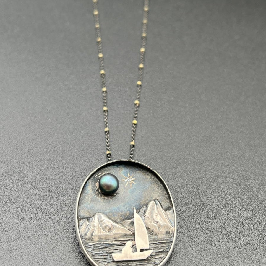 Sailing with a Black Pearl Moon NecklaceBORANECKLACES