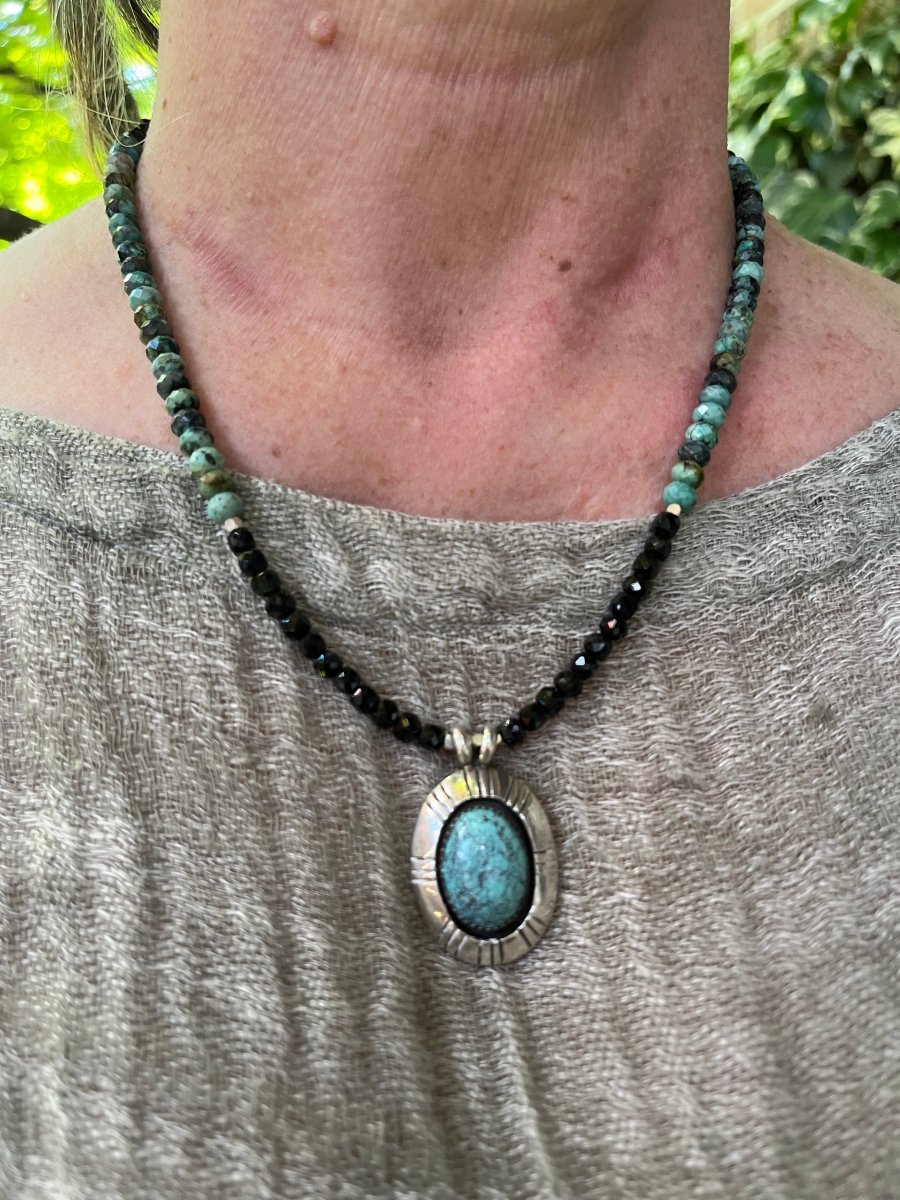 Shalako Turquoise Pendant Necklace – Black Spinel & Sterling Silver, 17”–19”Ziabird Private LabelNECKLACES