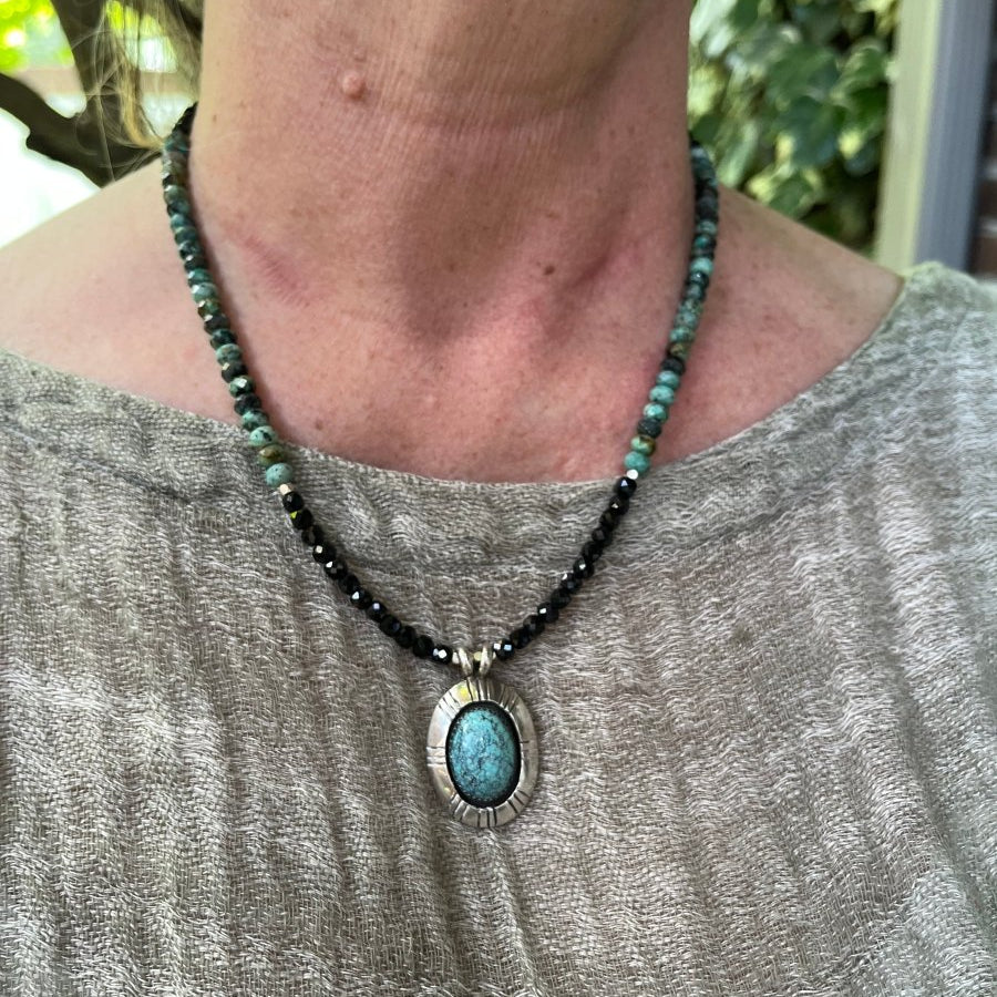 Shalako Turquoise Pendant Necklace – Black Spinel & Sterling Silver, 17”–19”Ziabird Private LabelNECKLACES