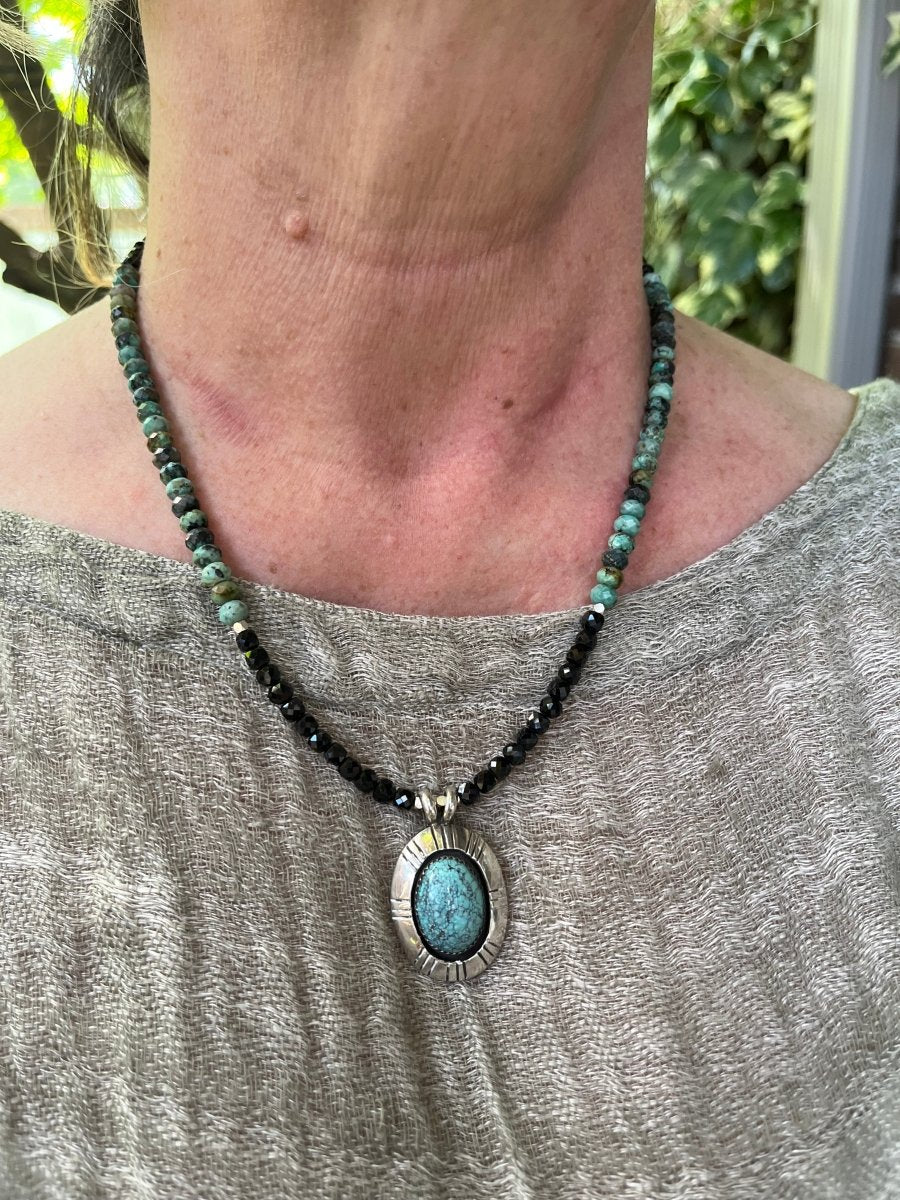 Shalako Turquoise Pendant Necklace – Black Spinel & Sterling Silver, 17”–19”Ziabird Private LabelNECKLACES