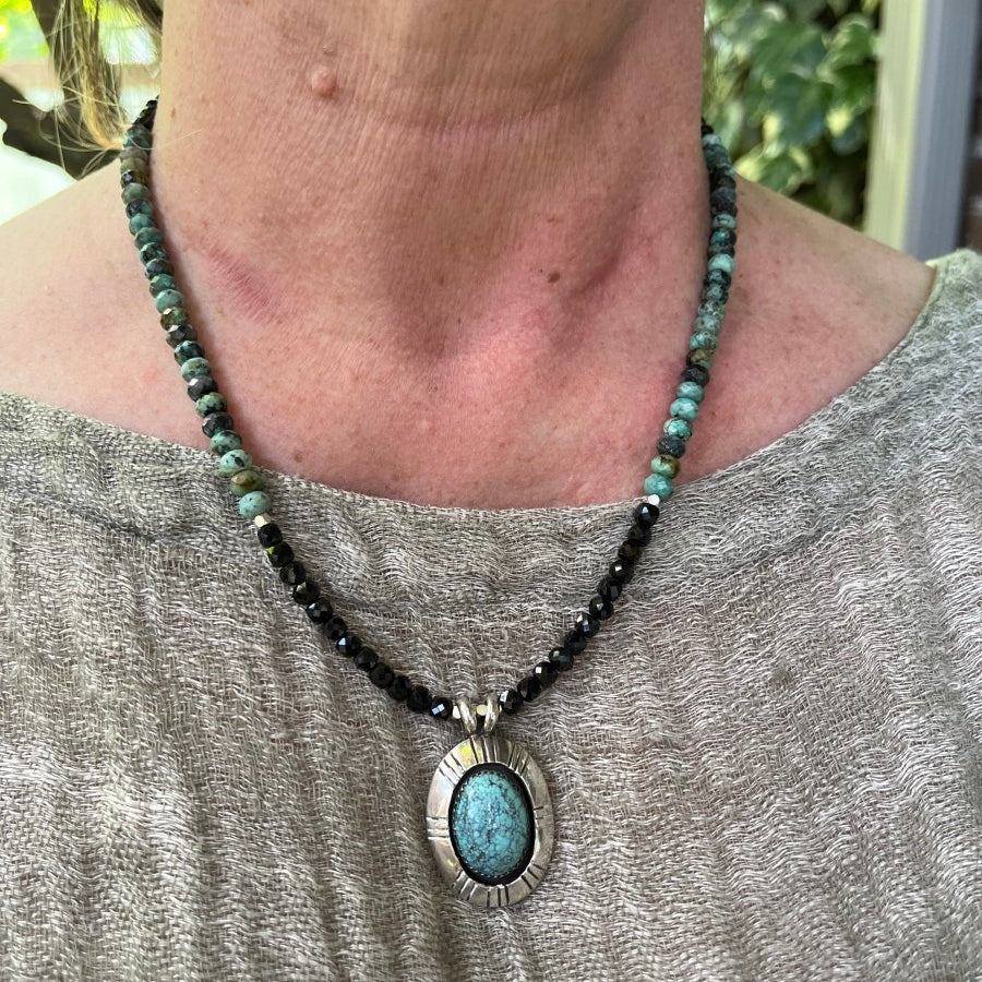 Shalako Turquoise Pendant Necklace – Black Spinel & Sterling Silver, 17”–19”Ziabird Private LabelNECKLACES