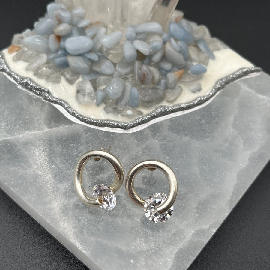 Silver Circle Earrings with CZ - 1/2” circleBORAEARRINGS