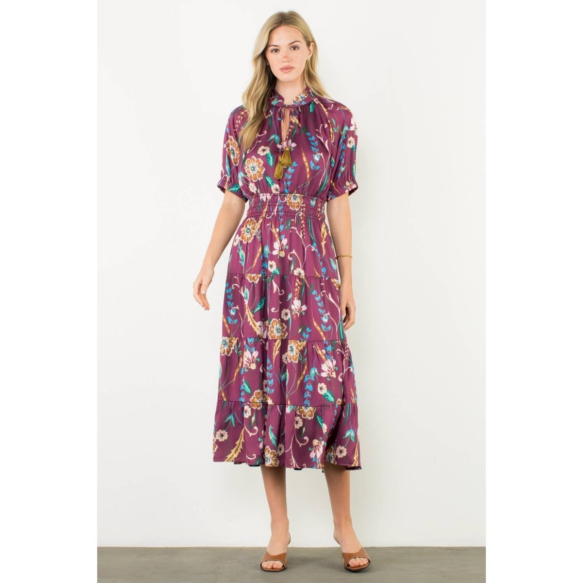 Smocked Waist, Floral Midi DressTHMLDRESS