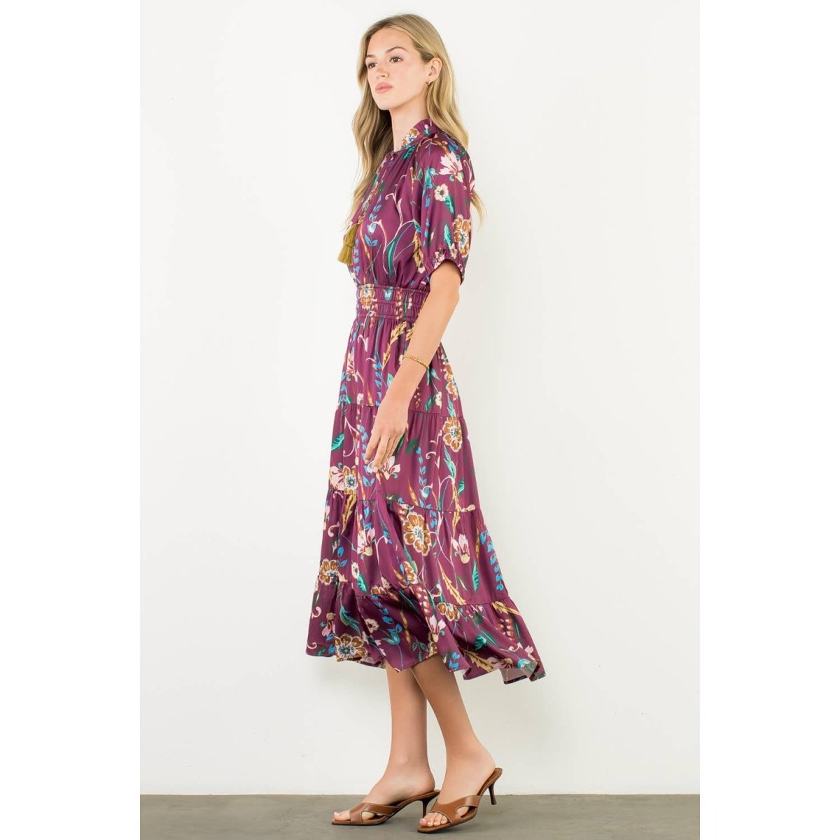 Smocked Waist, Floral Midi DressTHMLDRESS