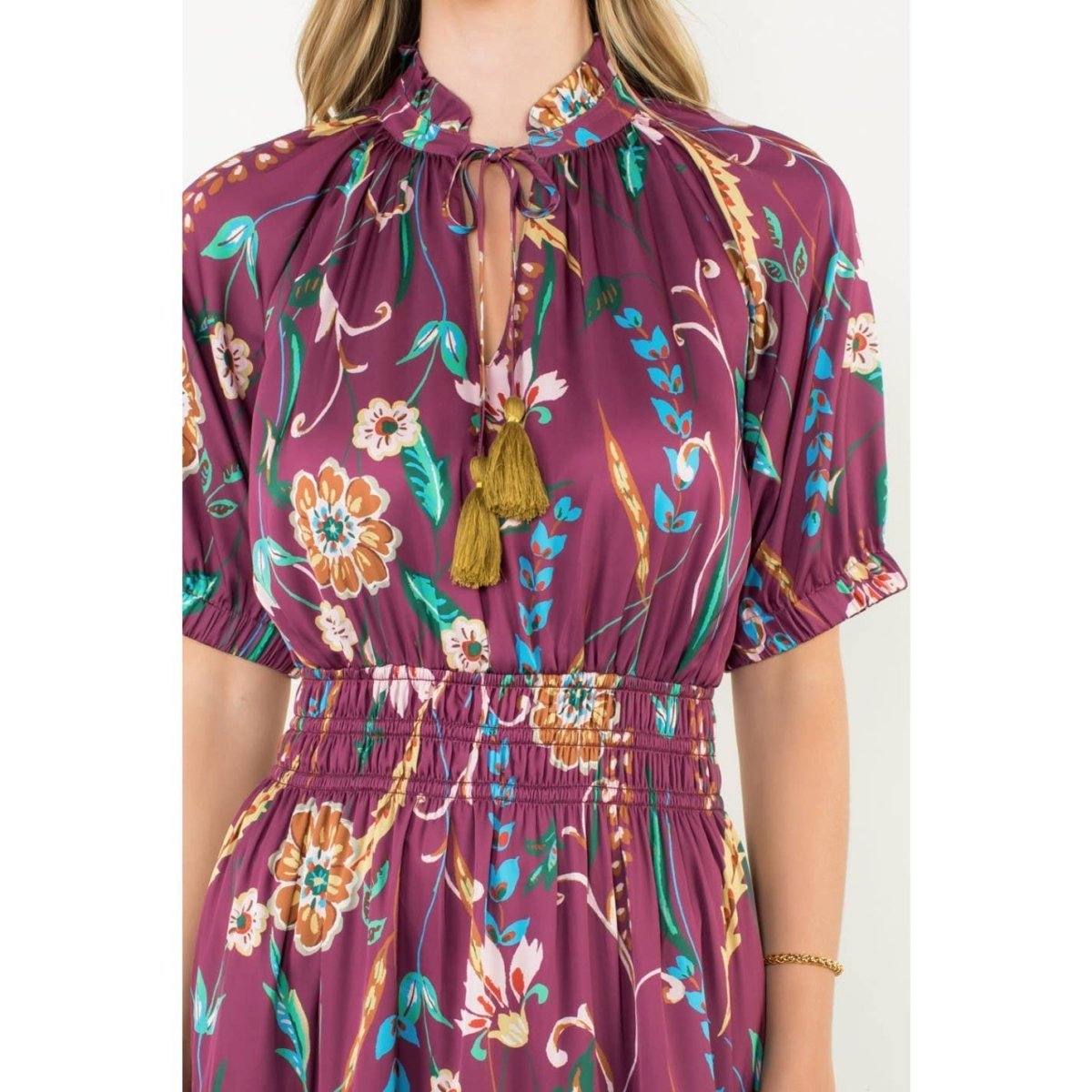 Smocked Waist, Floral Midi DressTHMLDRESS