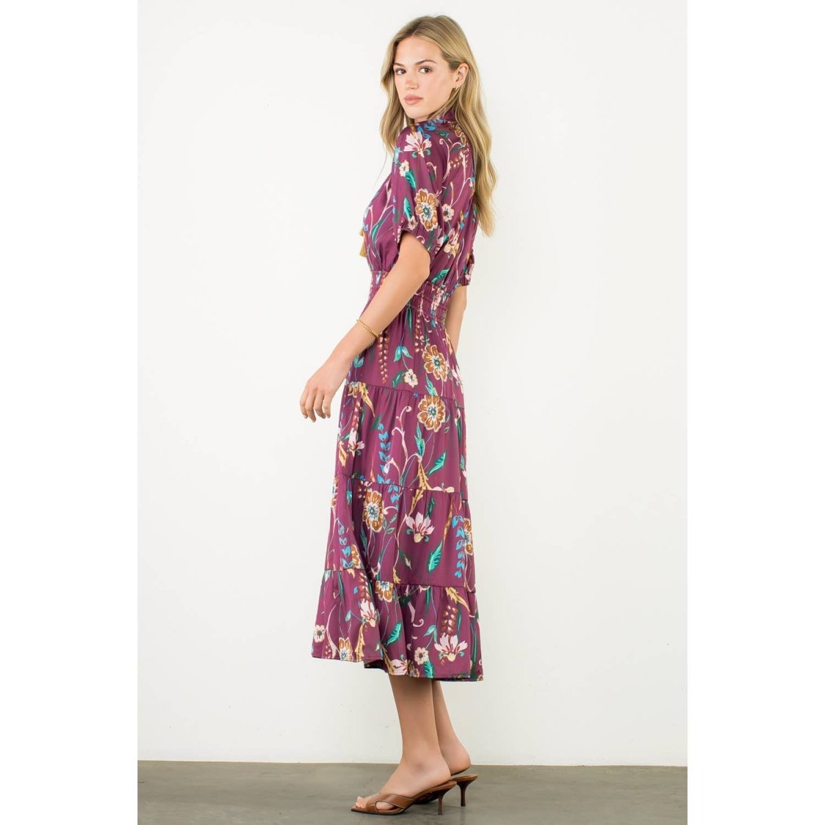 Smocked Waist, Floral Midi DressTHMLDRESS