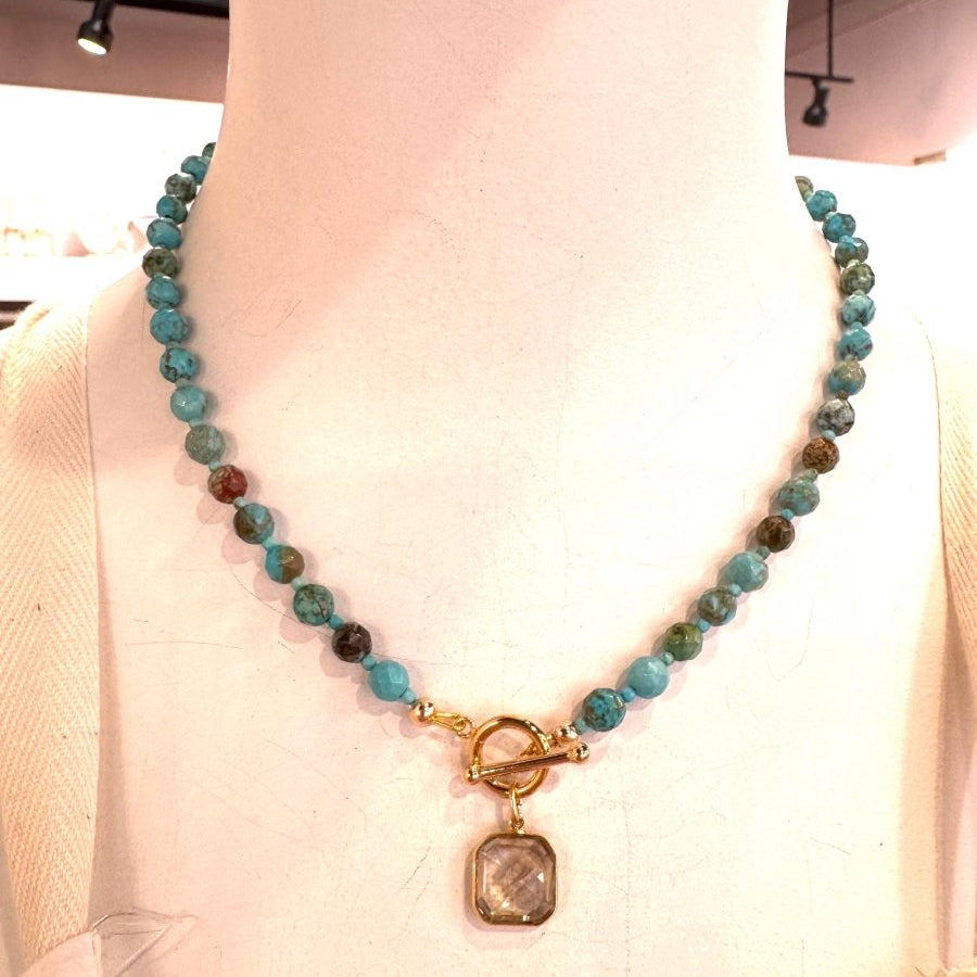 Smoky Quartz Small Square Pendant On Turquoise Short NecklaceBeth ZinkNECKLACES