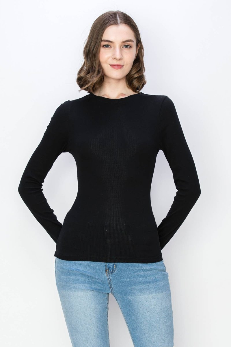 Solid color ribbed cotton spandex crew neck long sleeve shirt: BlackColor 5shirts