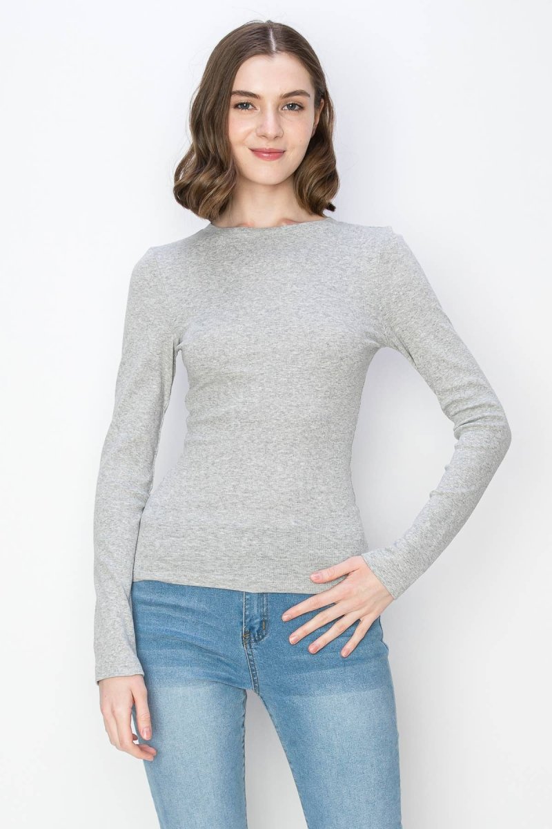 Solid color ribbed cotton spandex crew neck long sleeve shirt: GrayColor 5shirts