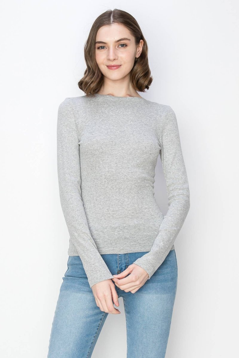 Solid color ribbed cotton spandex crew neck long sleeve shirt: GrayColor 5shirts