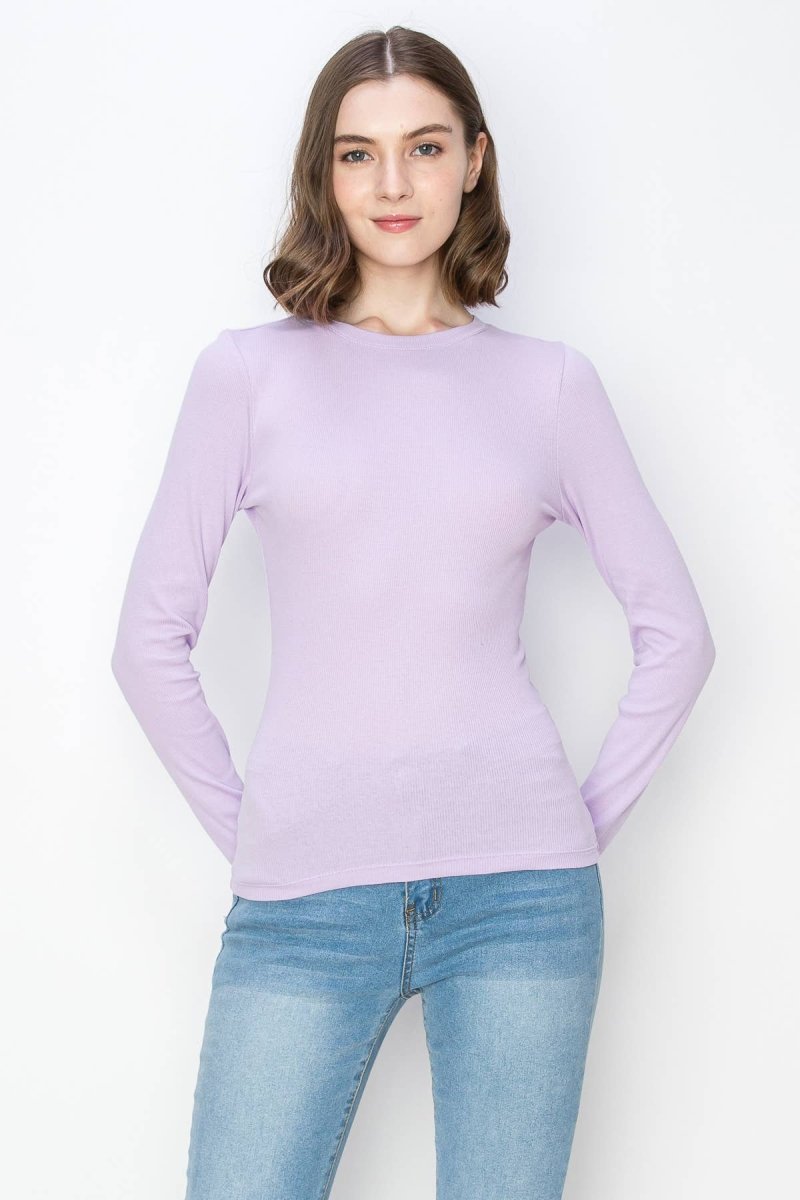 Solid color ribbed cotton spandex crew neck long sleeve shirt: LavenderColor 5shirts