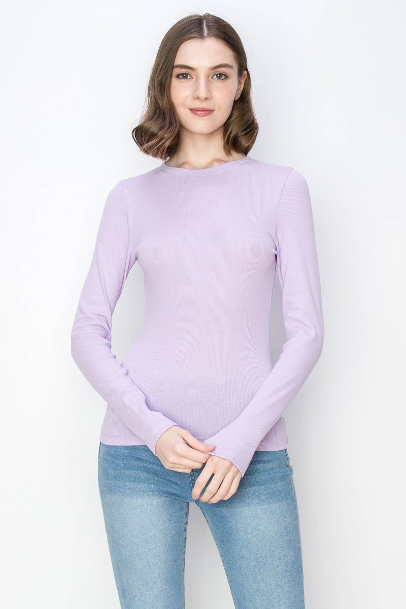 Solid color ribbed cotton spandex crew neck long sleeve shirt: LavenderColor 5shirts